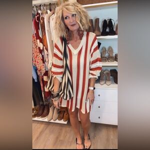 Striped Knit V-Neck Crochet Sweater Cover-Up Dress in Cream & Rust